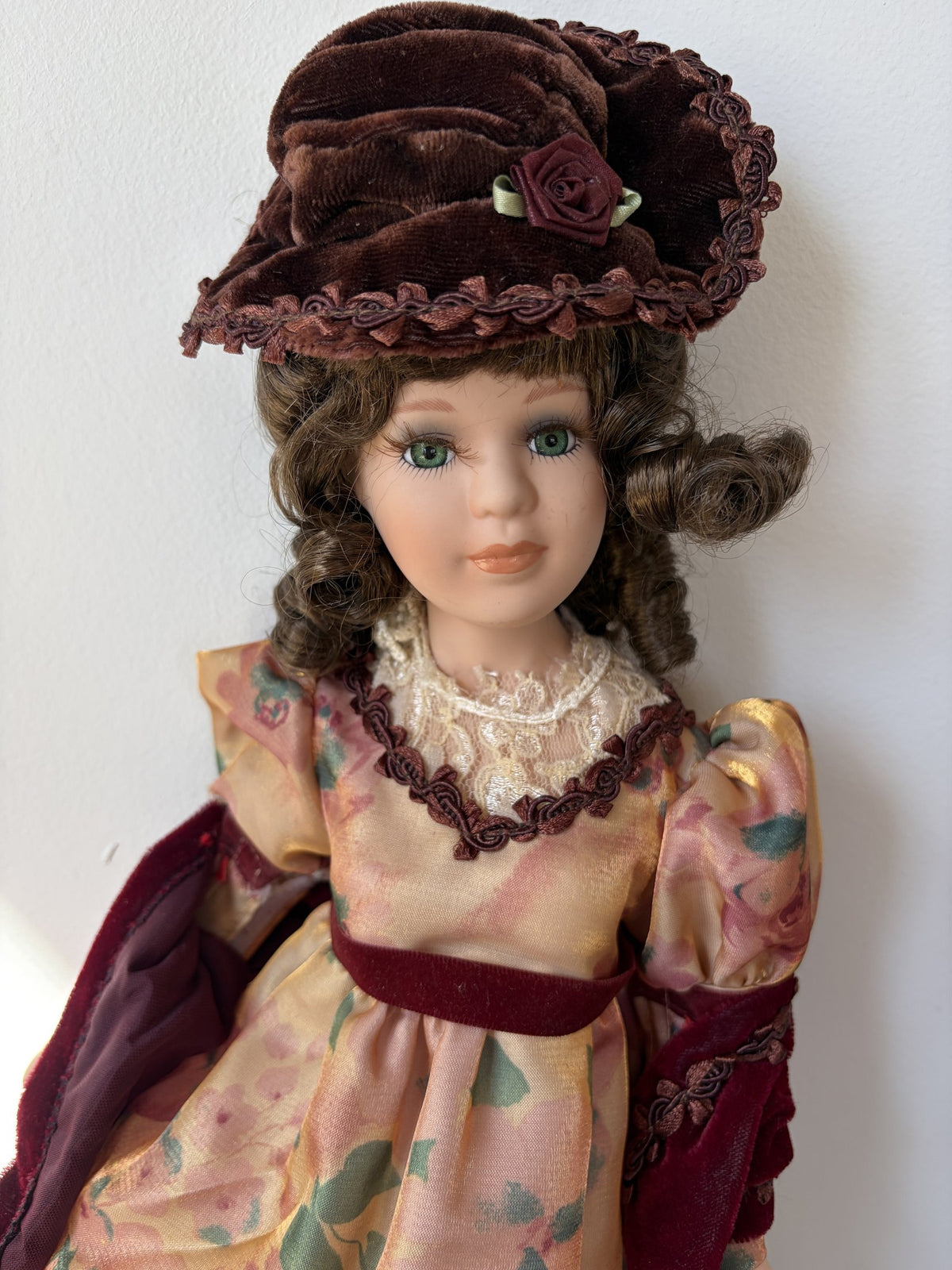 Victorian Style Porcelain Doll 18″ Floral Dress with Hat