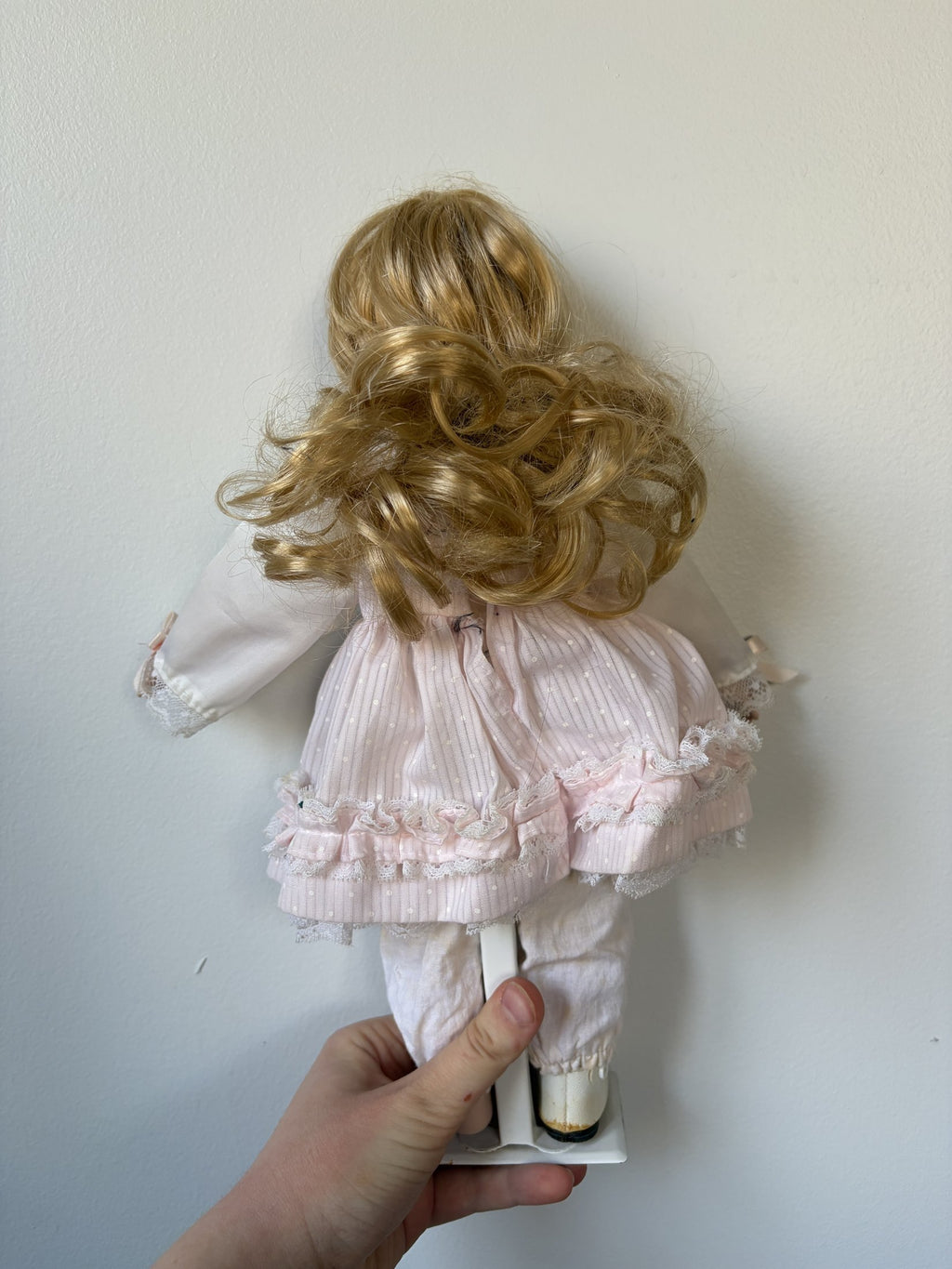Porcelain Doll Blonde Hair Pink Dress 16″