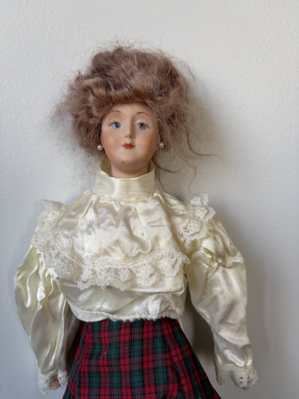 Vintage Porcelain Doll with Plaid Dress and Blonde Hair