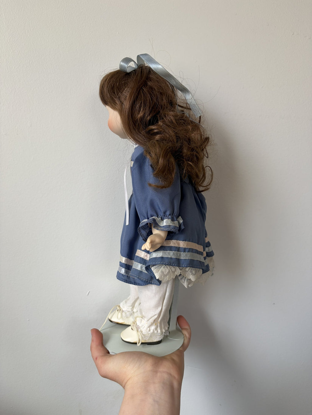 Porcelain Doll Brown Hair Blue Dress 16” with Stand