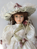 Porcelain Doll Green Dress Brown Hair with Lace and Flowers