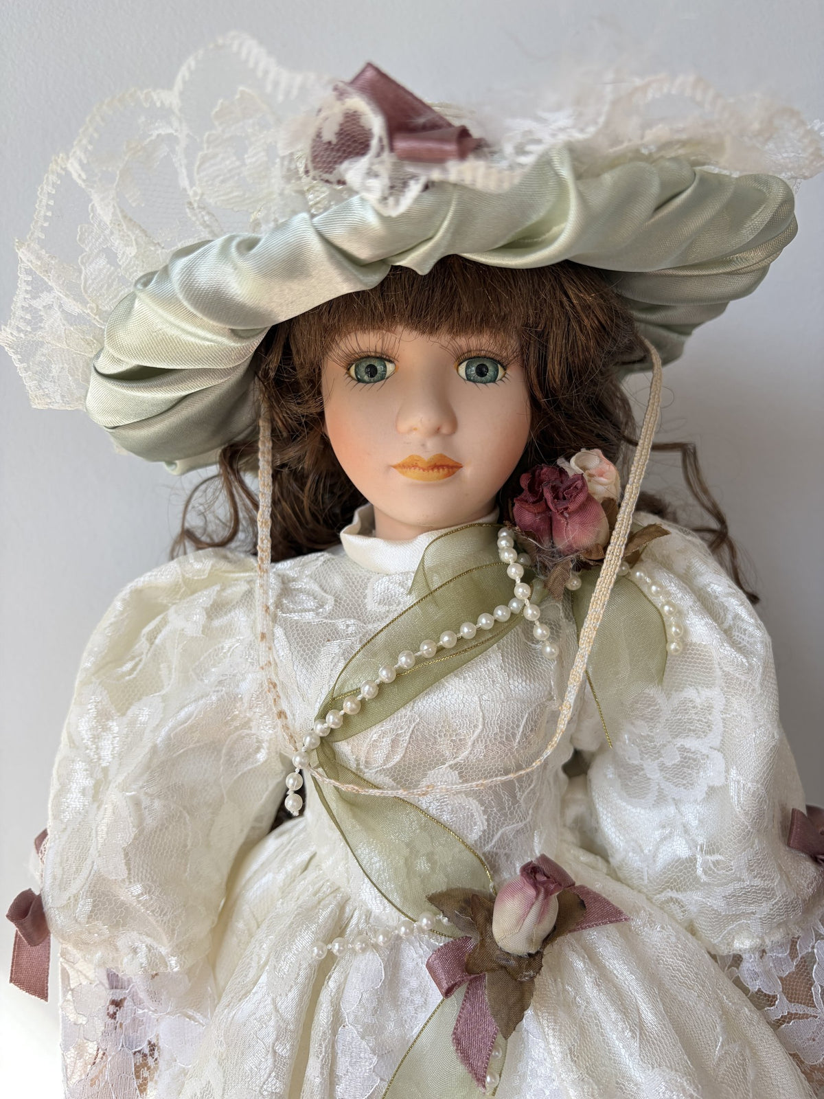 Porcelain Doll Green Dress Brown Hair with Lace and Flowers
