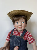Porcelain Doll with Straw Hat and Overalls – Crafted in Taiwan