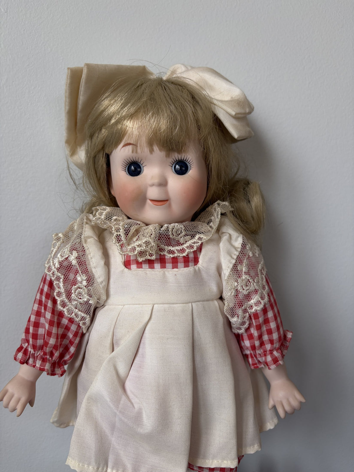 Vintage Porcelain Doll Blonde Hair Red Gingham Dress 16″
