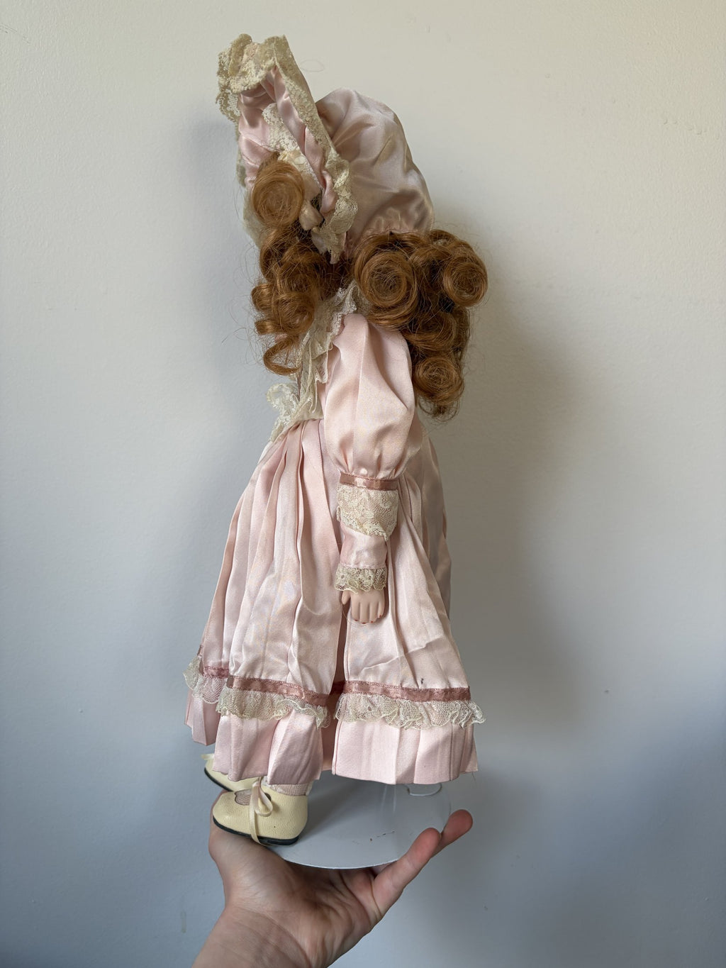 Vintage Porcelain Doll in Pink Lace Dress & Bonnet