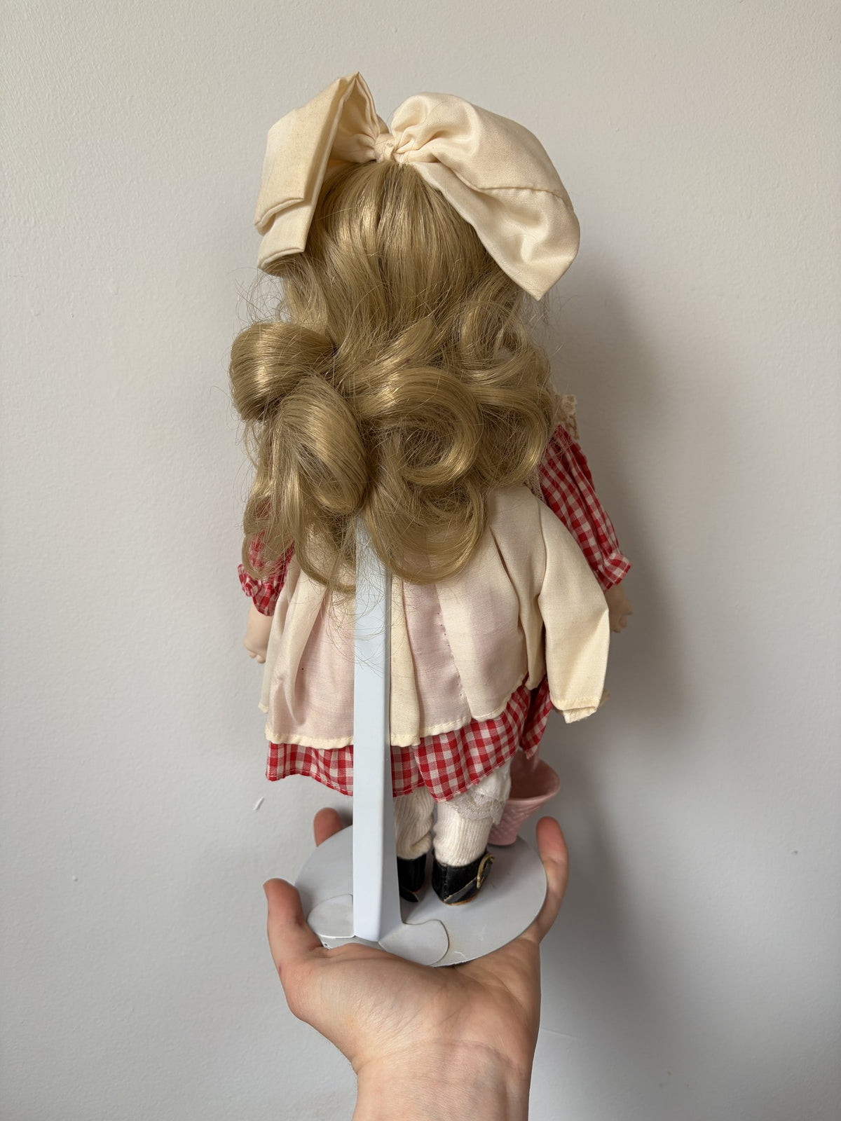 Vintage Porcelain Doll Blonde Hair Red Gingham Dress 16″