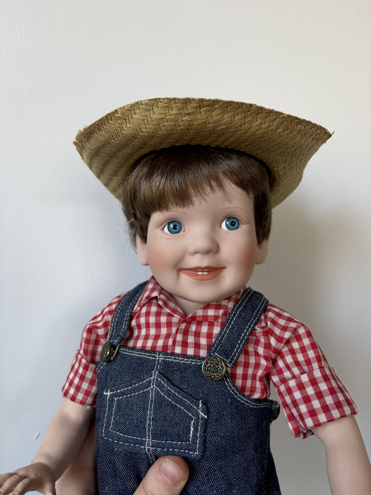 Porcelain Doll with Straw Hat and Overalls – Crafted in Taiwan