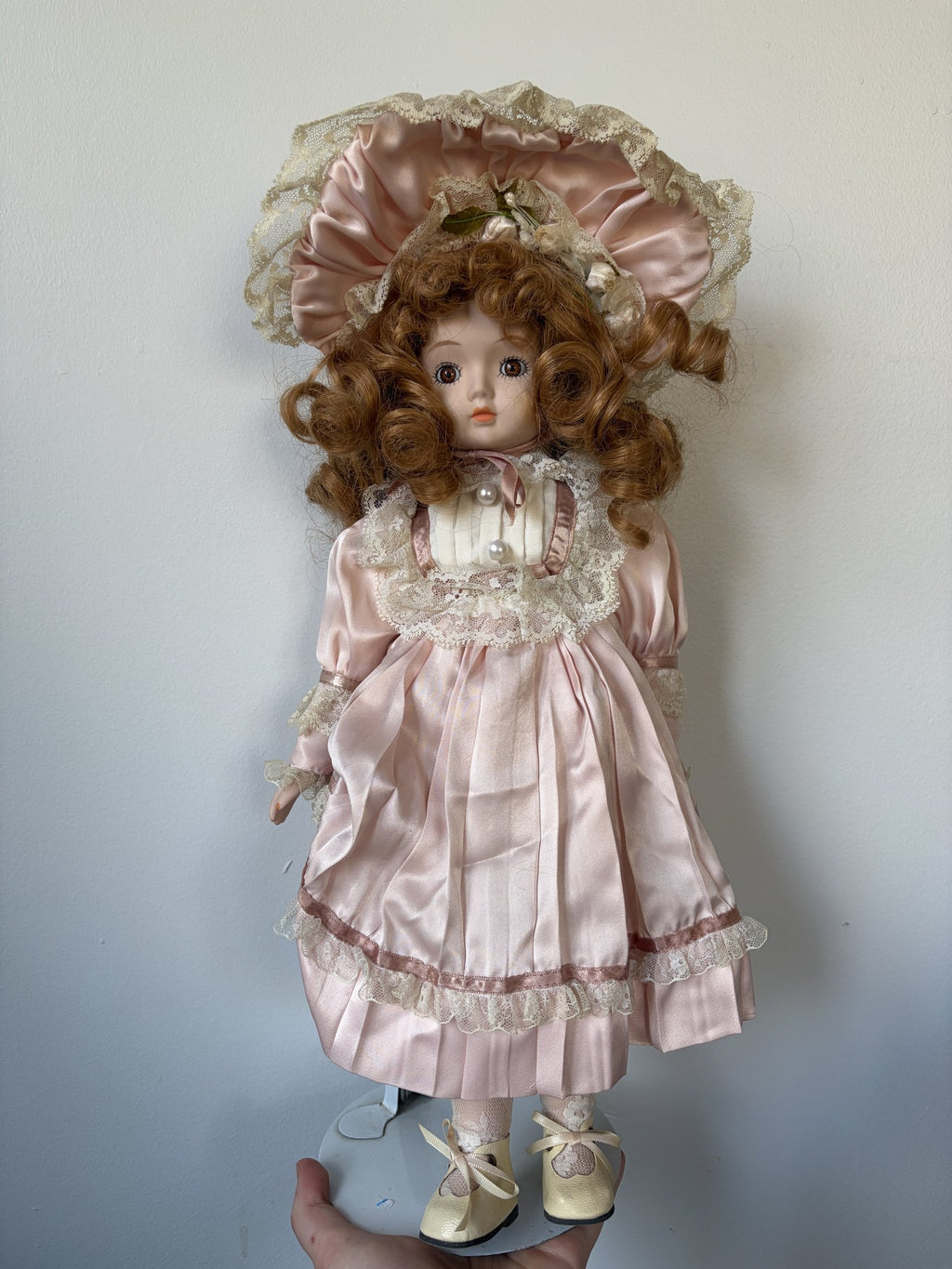 Vintage Porcelain Doll in Pink Lace Dress & Bonnet
