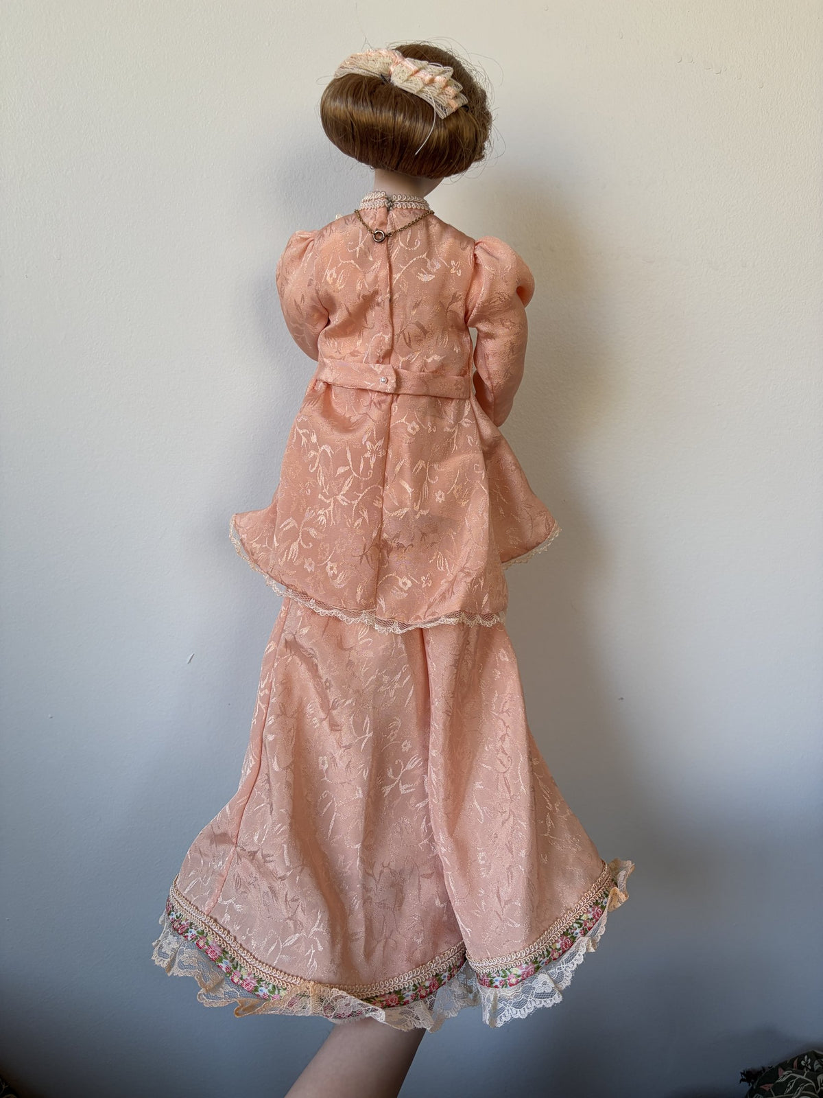 Porcelain Doll in Pink Lace Dress with Brown Hair and Blue Eyes