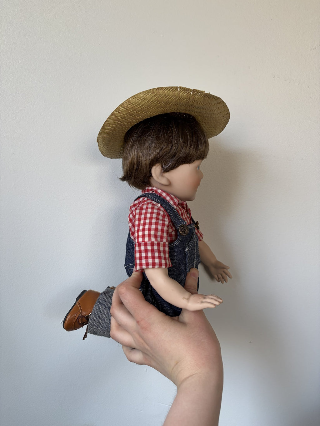 Porcelain Doll with Straw Hat and Overalls – Crafted in Taiwan