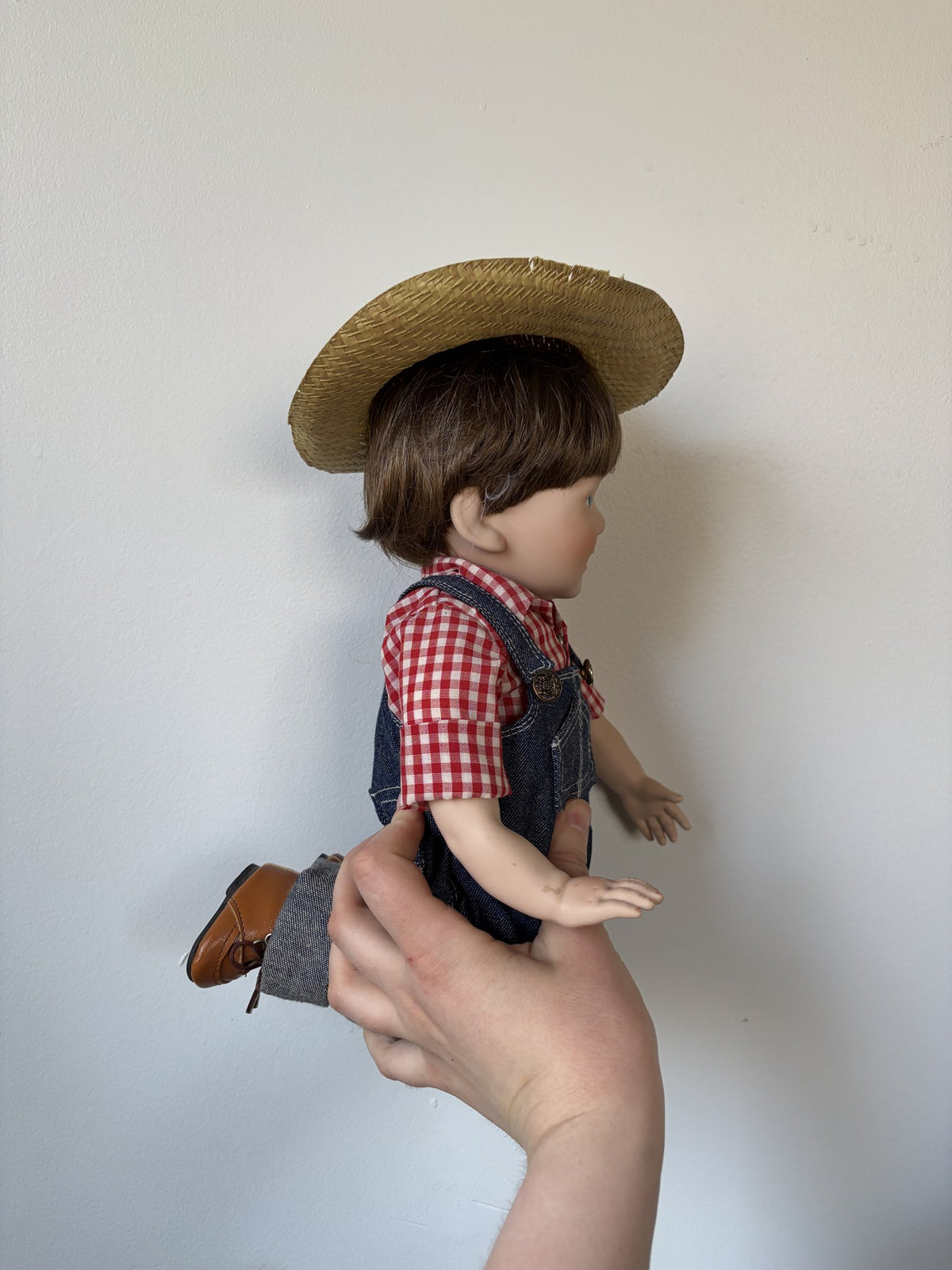 Porcelain Doll with Straw Hat and Overalls – Crafted in Taiwan