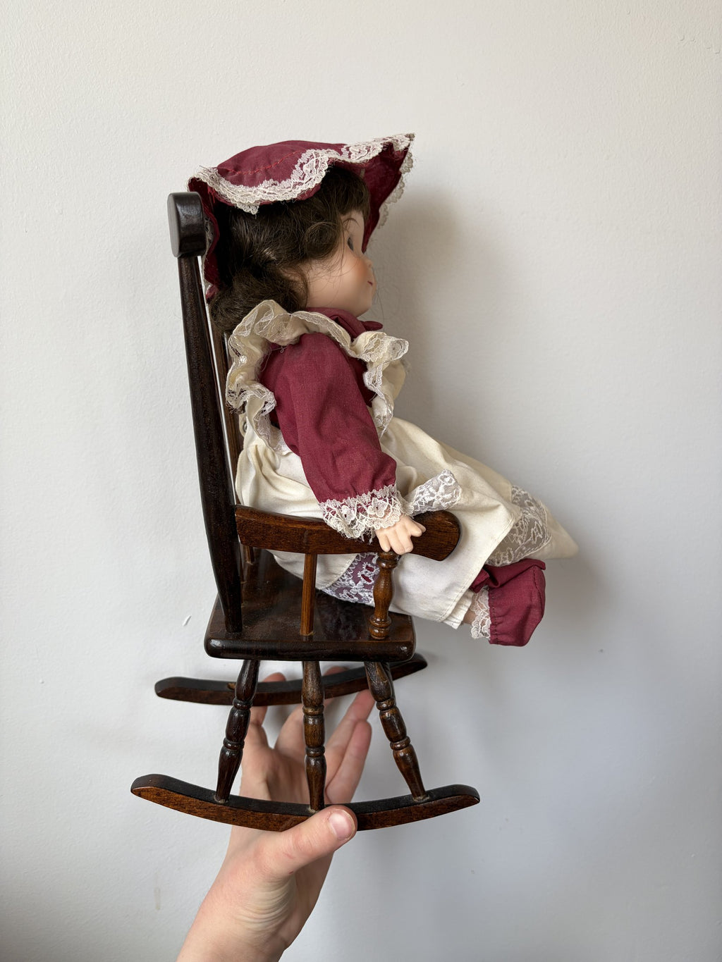 Vintage Porcelain Doll in Maroon Dress with Lace Trim