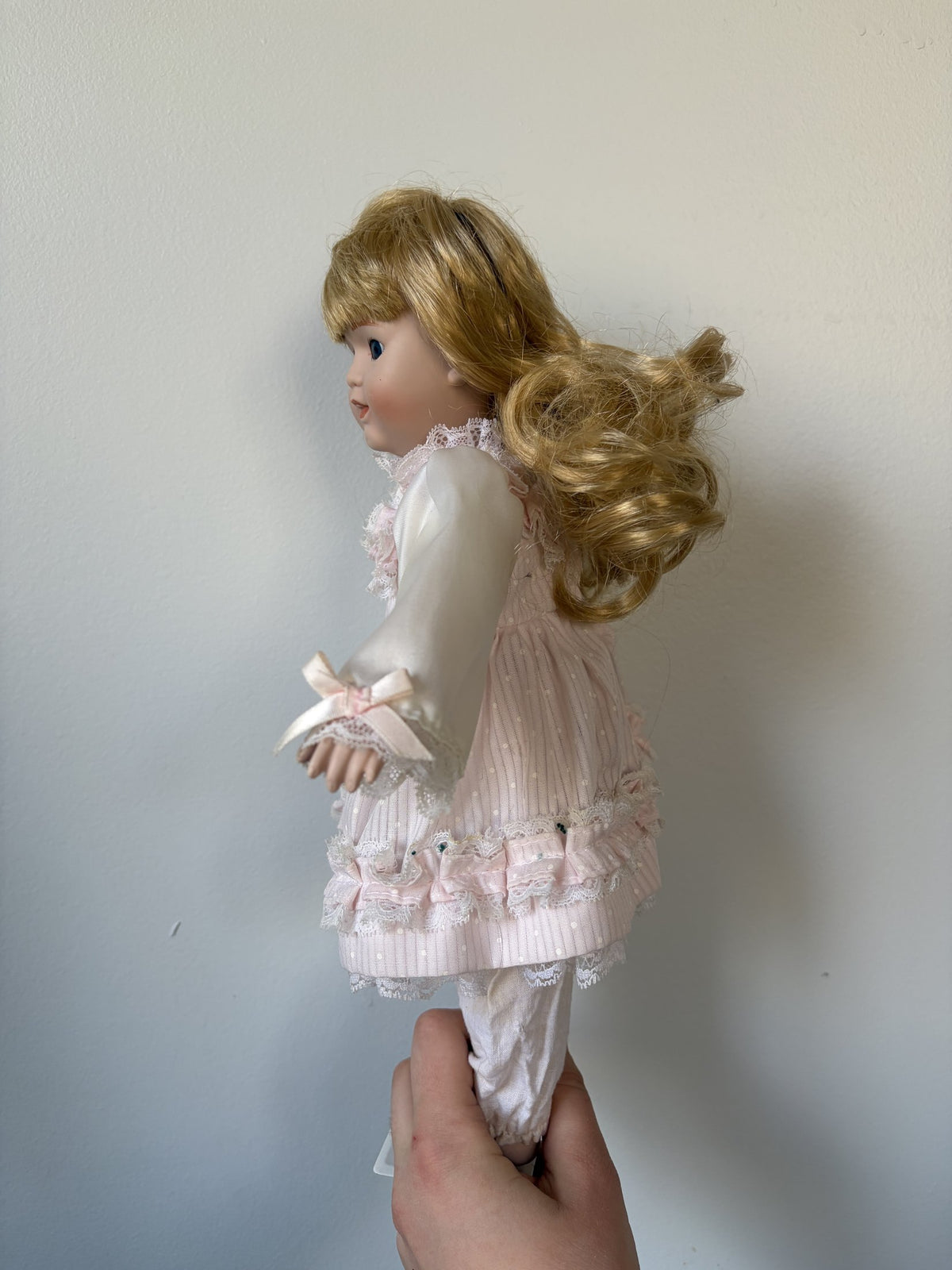 Porcelain Doll Blonde Hair Pink Dress 16″