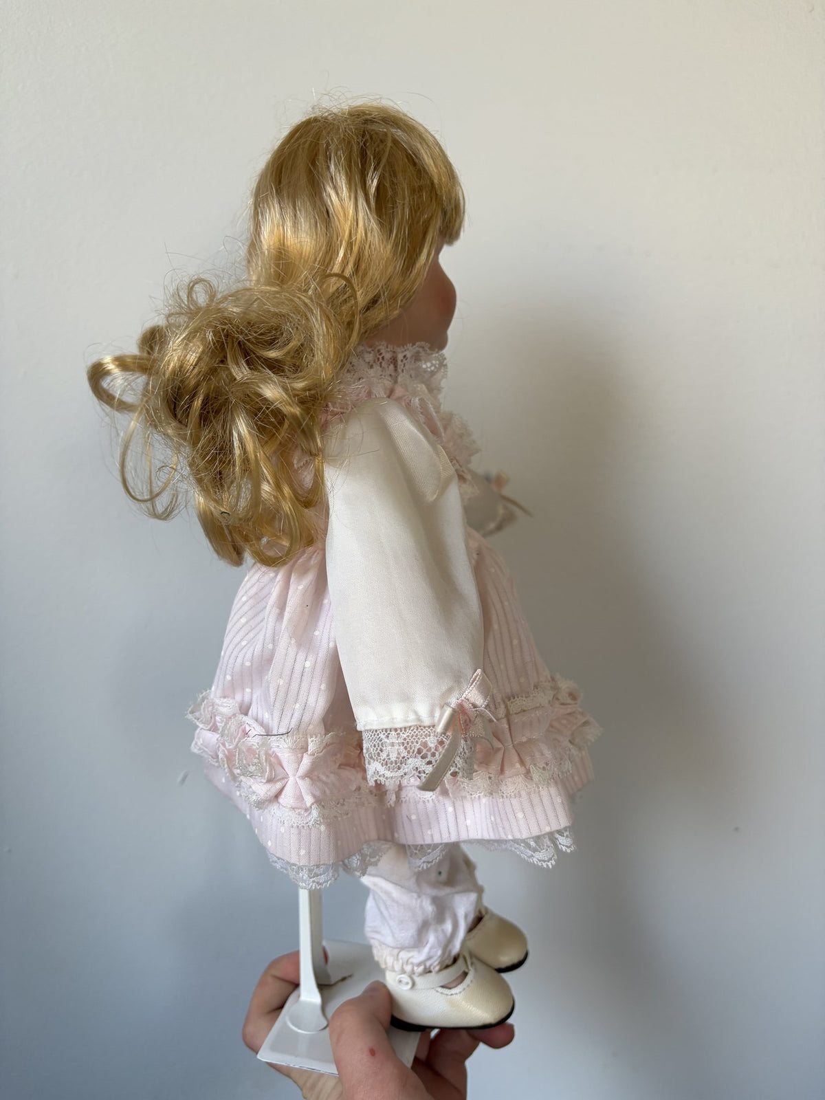 Porcelain Doll Blonde Hair Pink Dress 16″