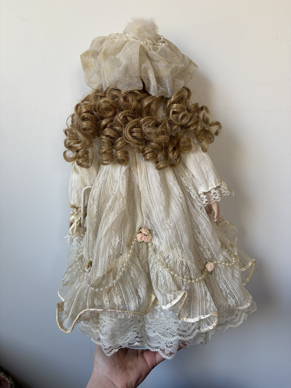 Vintage Porcelain Doll in Ivory Lace Dress with Blonde Curls