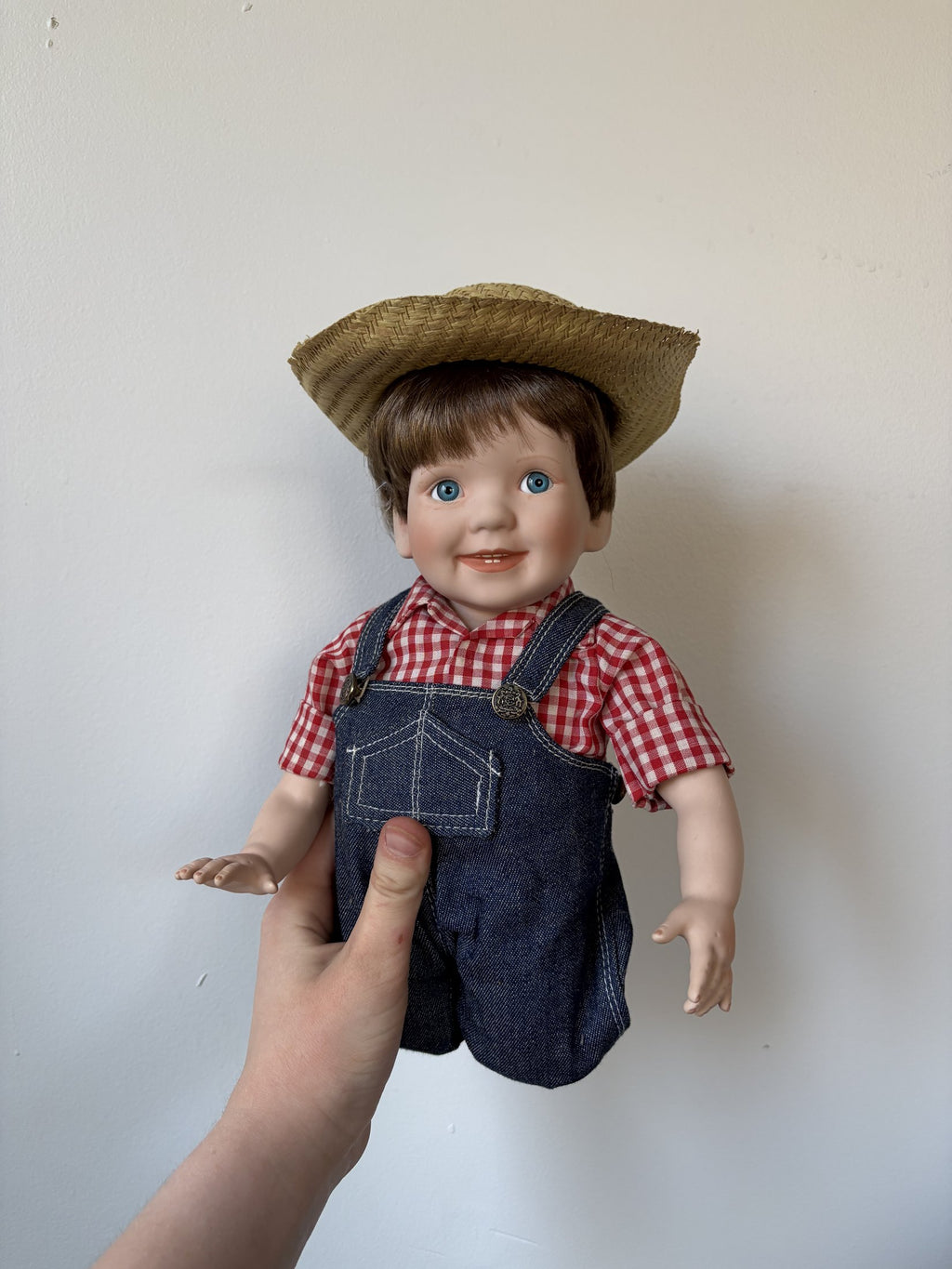 Porcelain Doll with Straw Hat and Overalls – Crafted in Taiwan
