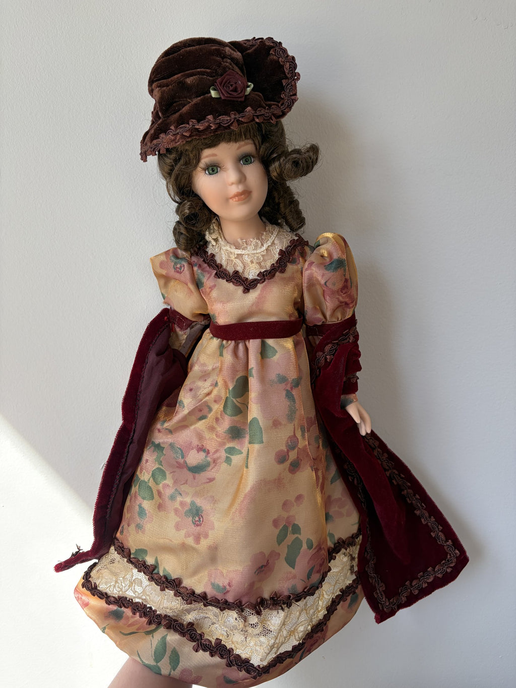Victorian Style Porcelain Doll 18″ Floral Dress with Hat
