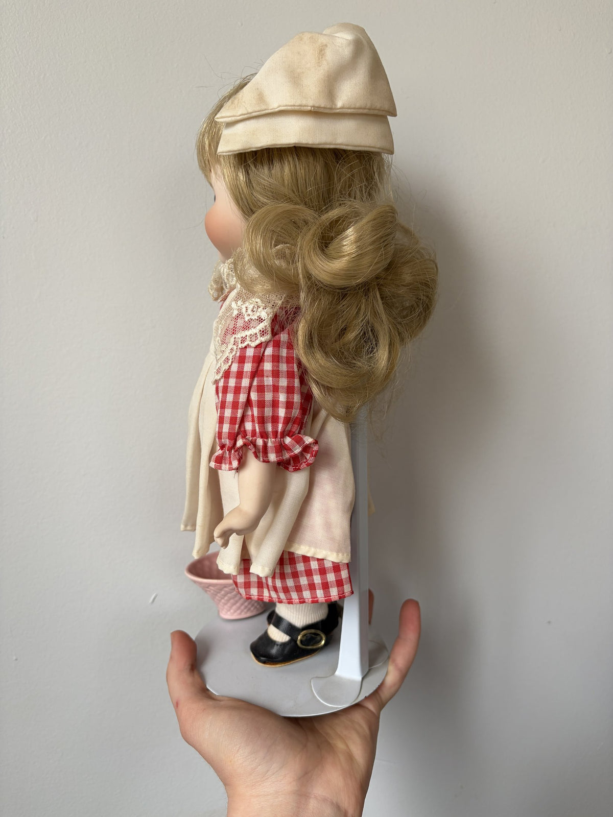 Vintage Porcelain Doll Blonde Hair Red Gingham Dress 16″