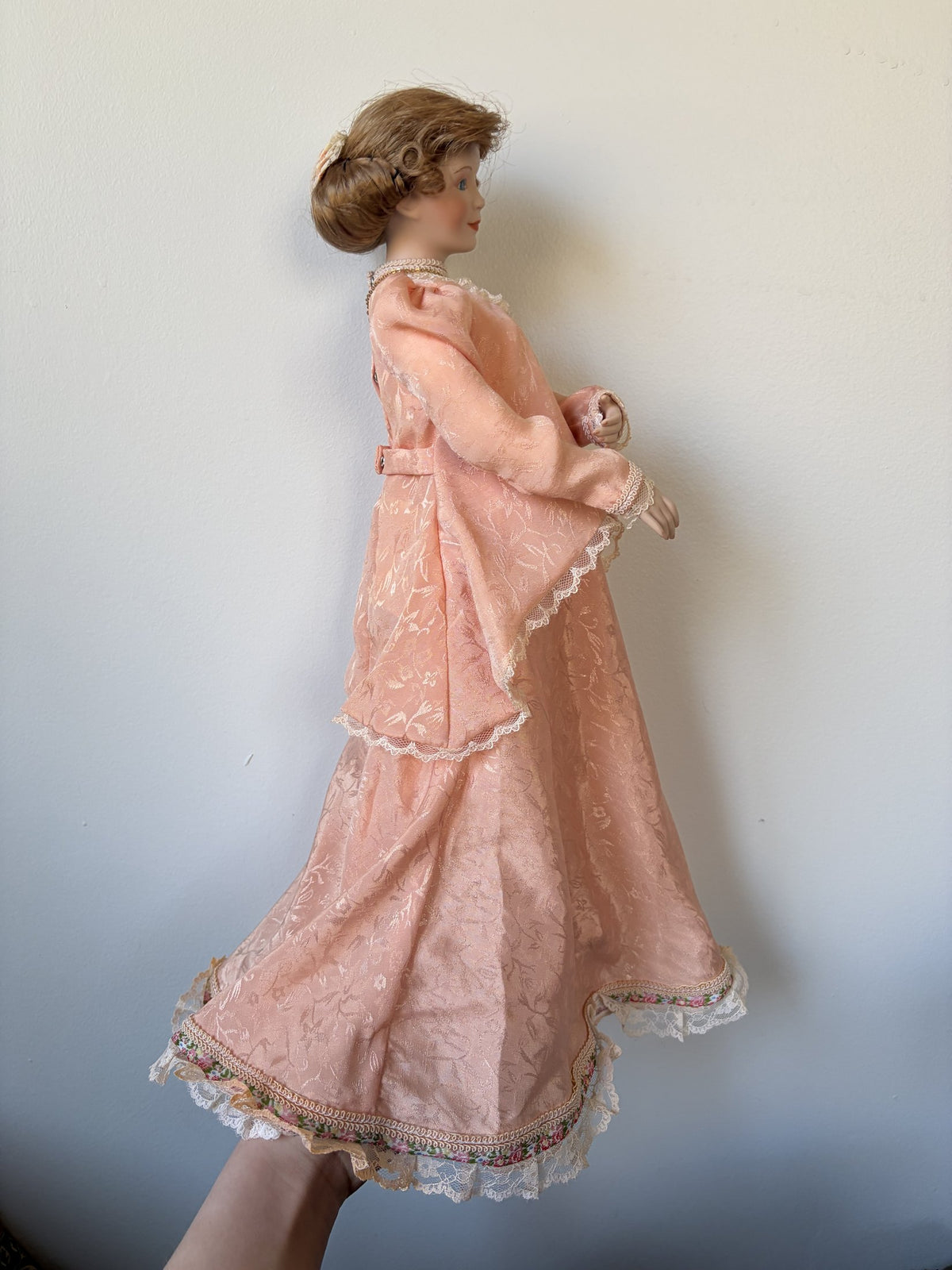 Porcelain Doll in Pink Lace Dress with Brown Hair and Blue Eyes