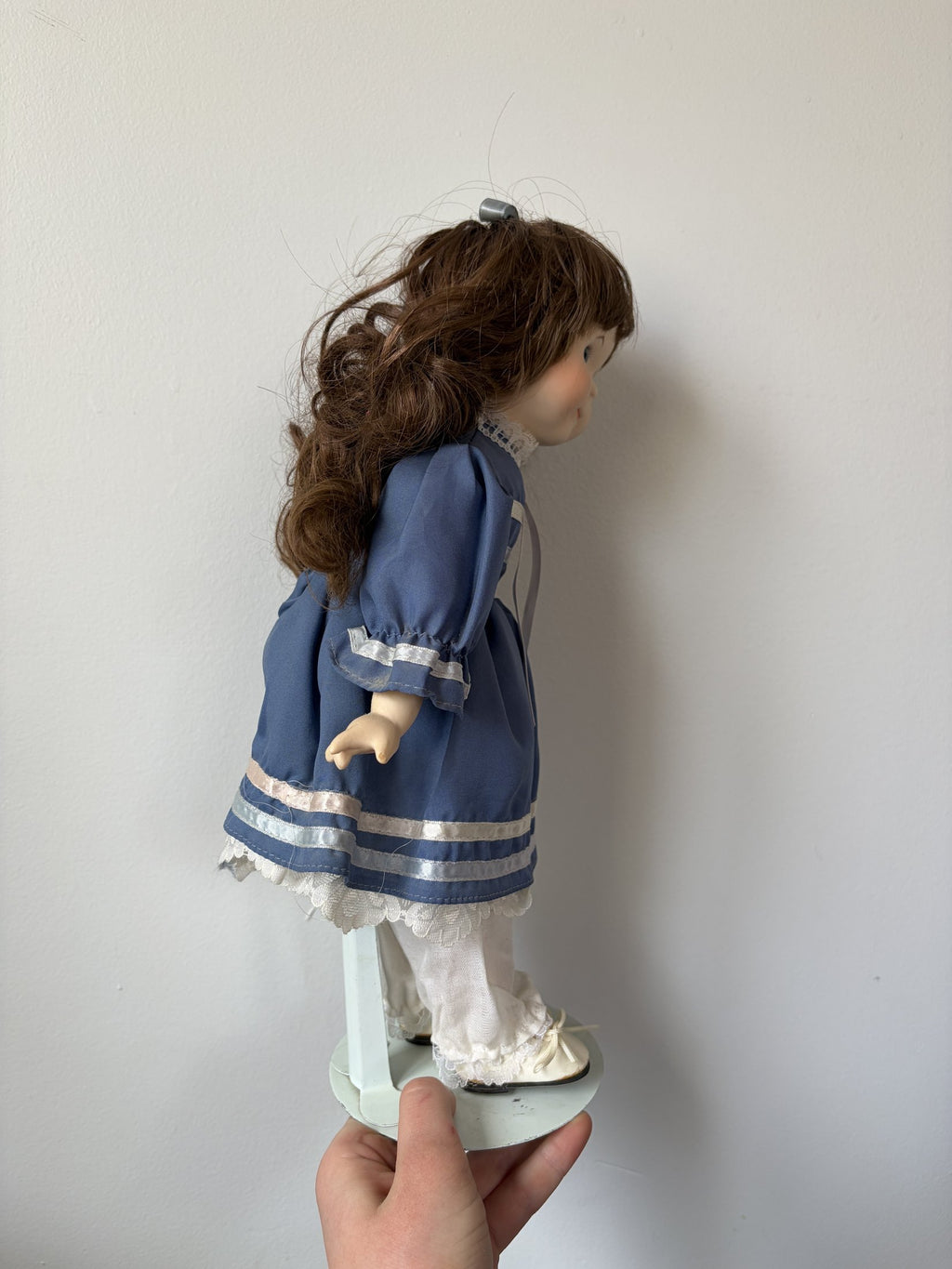 Porcelain Doll Brown Hair Blue Dress 16” with Stand