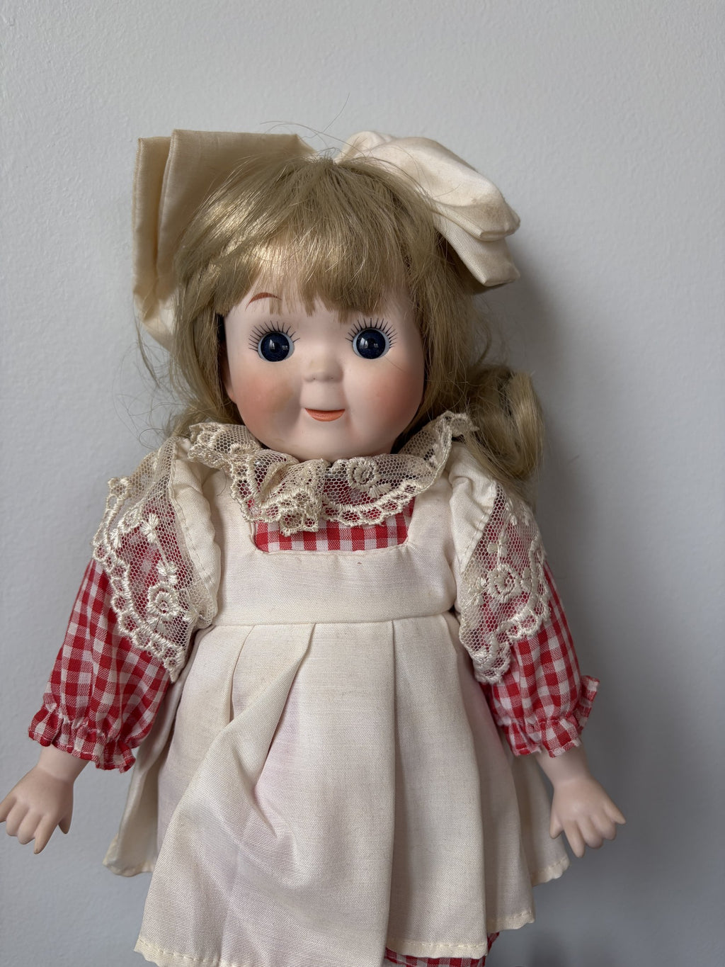 Vintage Porcelain Doll Blonde Hair Red Gingham Dress 16″