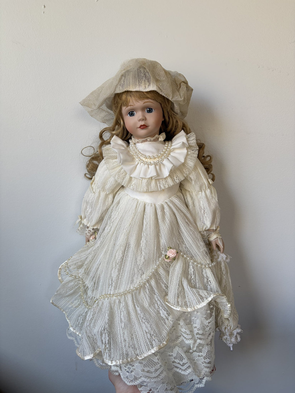 Vintage Porcelain Doll in Ivory Lace Dress with Blonde Curls