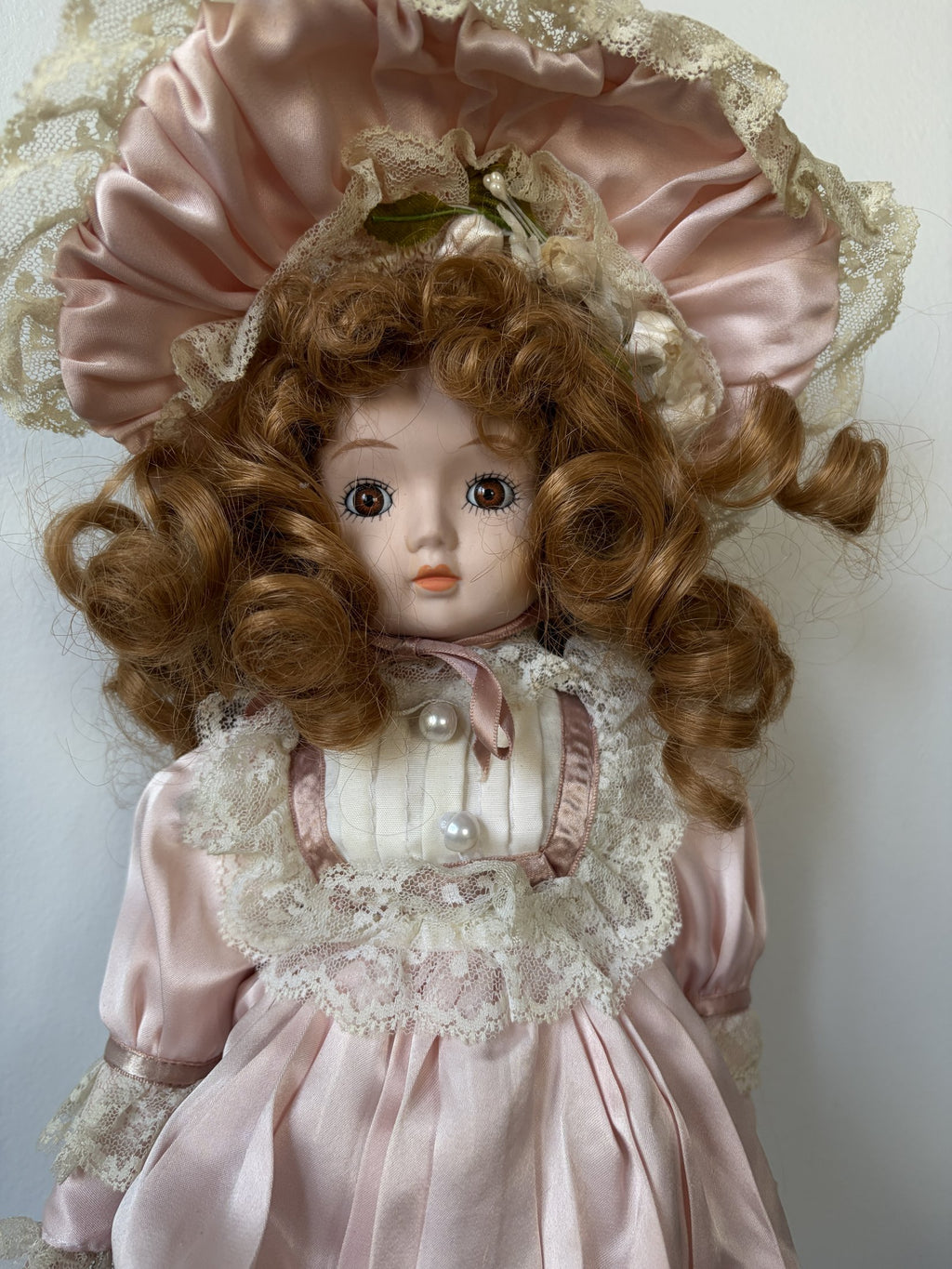 Vintage Porcelain Doll in Pink Lace Dress & Bonnet