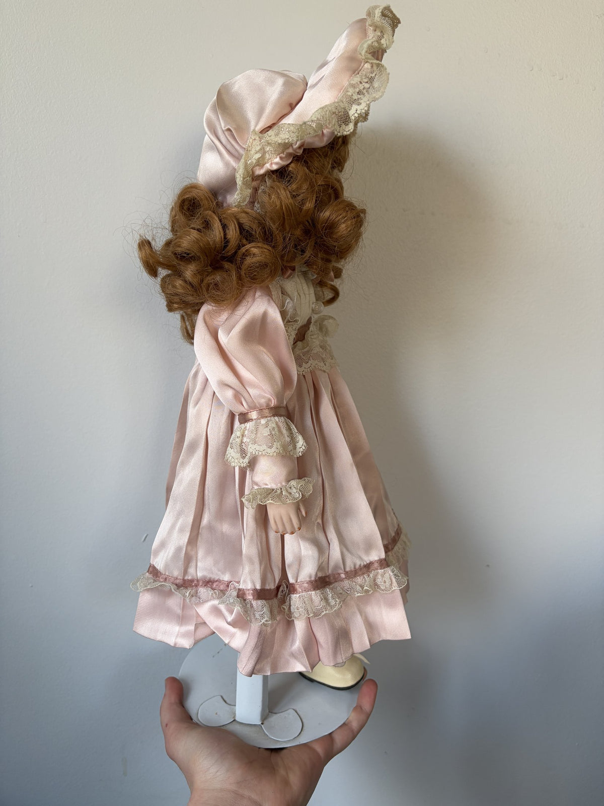 Vintage Porcelain Doll in Pink Lace Dress & Bonnet