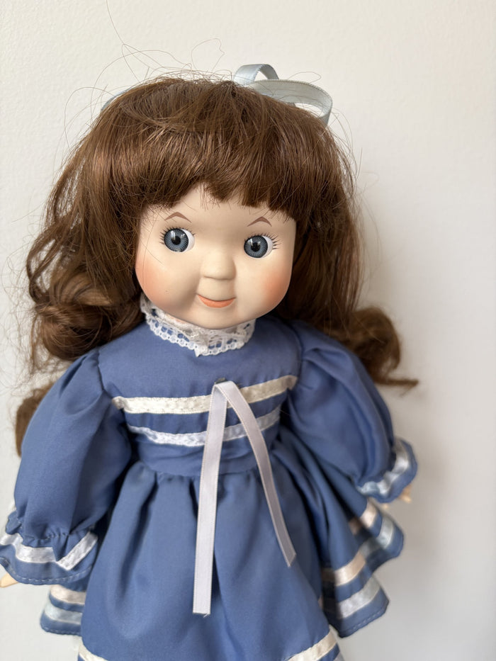 Porcelain Doll Brown Hair Blue Dress 16” with Stand
