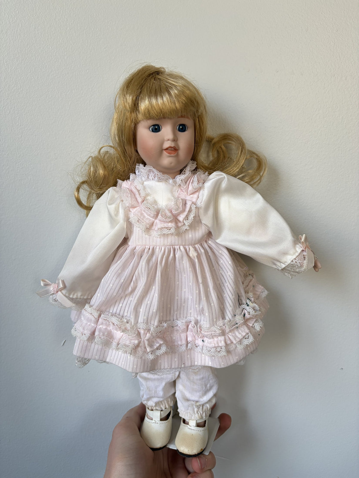 Porcelain Doll Blonde Hair Pink Dress 16″