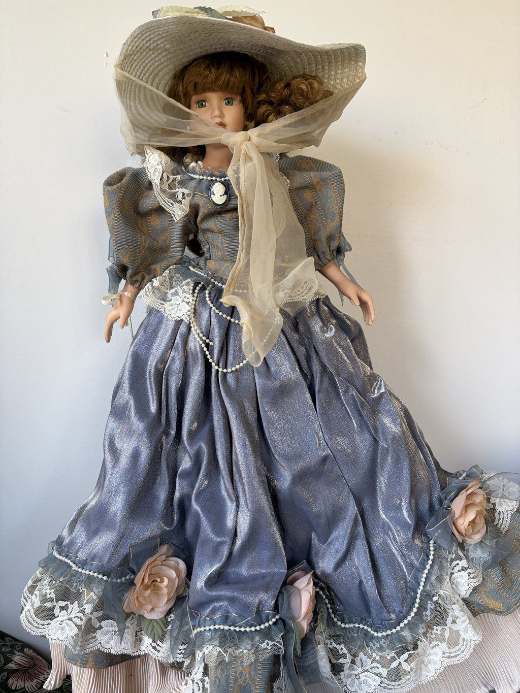 Porcelain Doll with Hat and Lace Dress