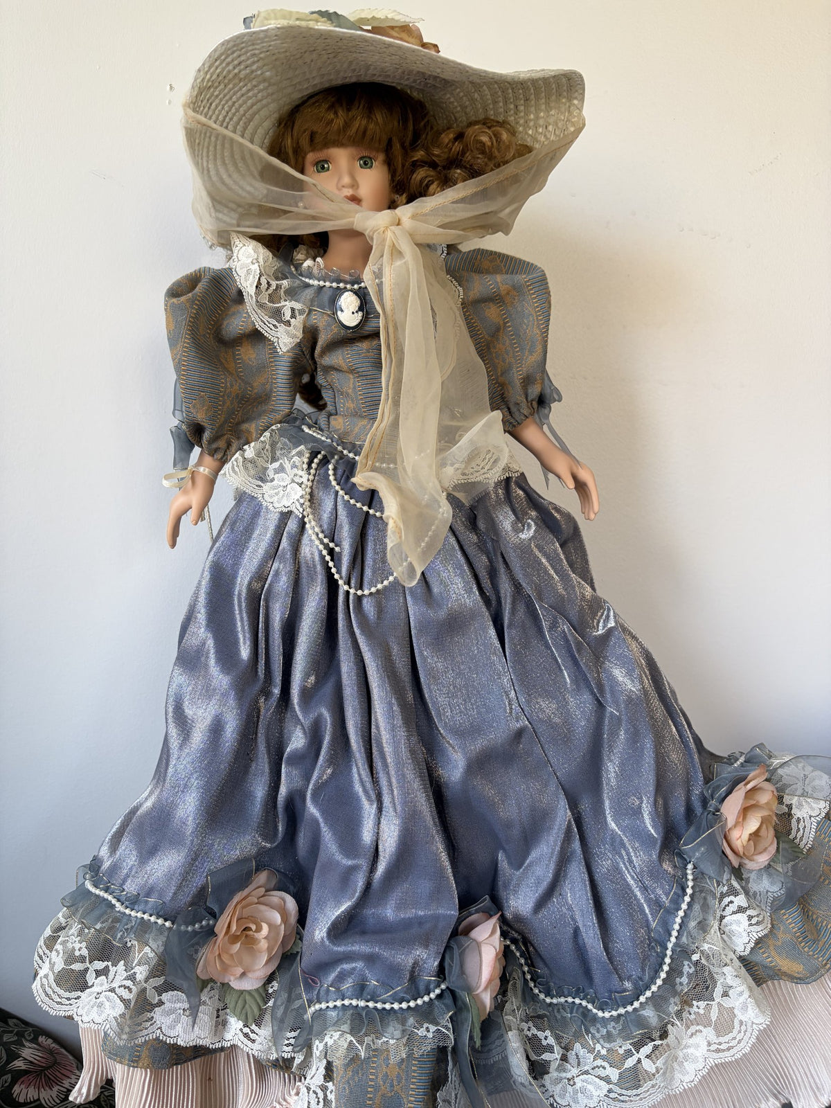 Porcelain Doll with Hat and Lace Dress