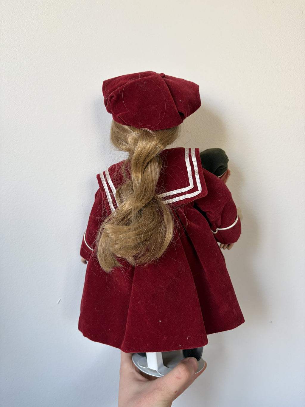 Porcelain Doll in Burgundy Outfit with Doll Accessory