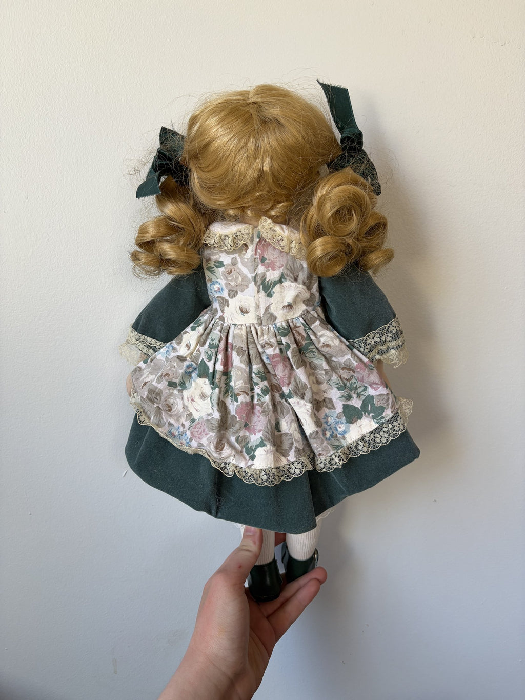 Blonde Curly Hair Porcelain Doll in Green Floral Dress 16″