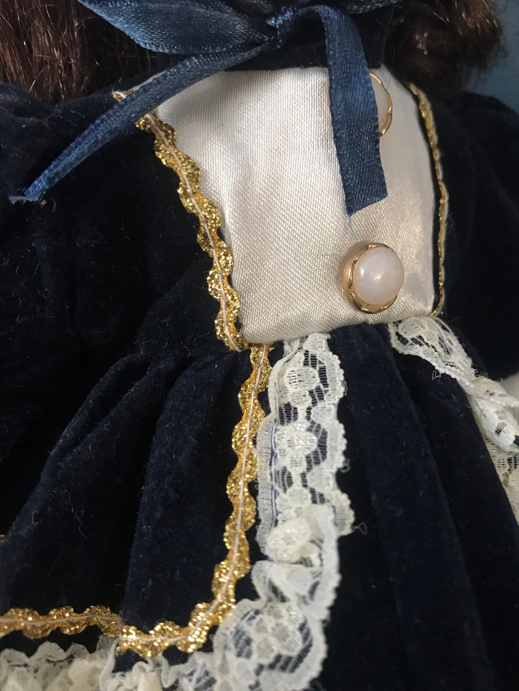 Vintage Porcelain Doll — Navy Velvet Dress & Gold-Trimmed Hat