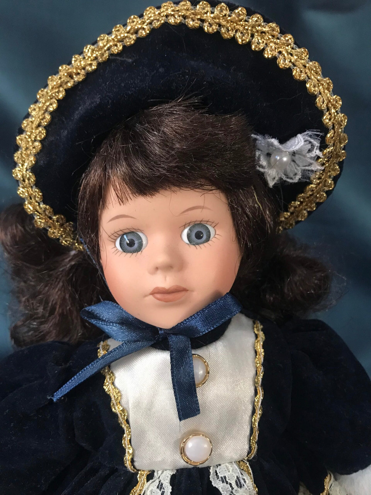 Vintage Porcelain Doll — Navy Velvet Dress & Gold-Trimmed Hat