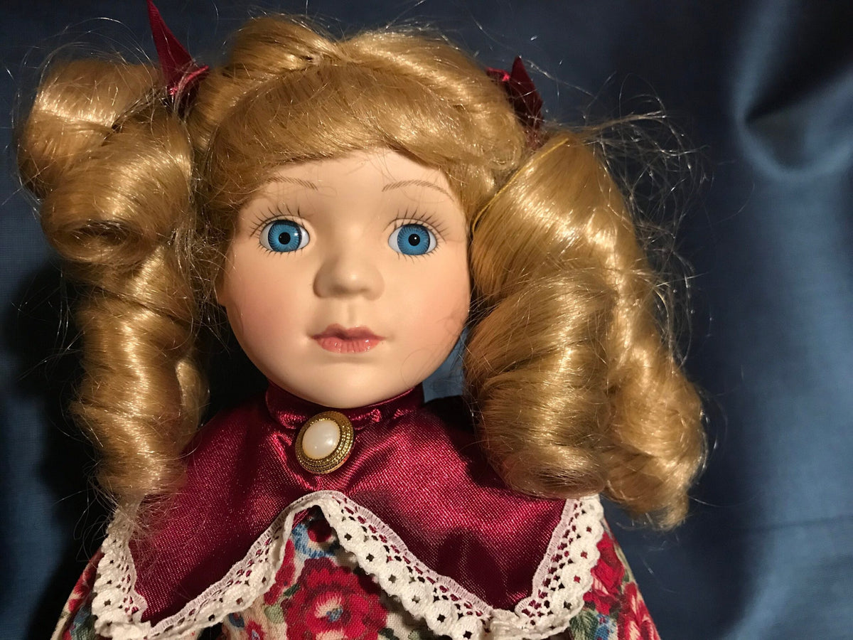 Numbered Vintage Porcelain Doll — Floral Dress with Blonde Curls — 12″