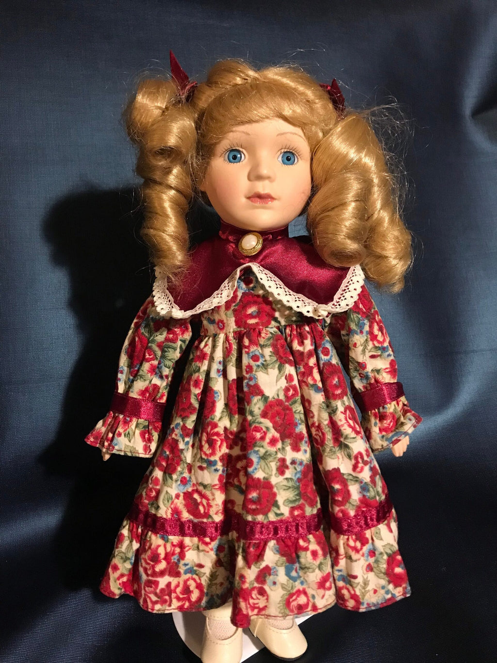 Numbered Vintage Porcelain Doll — Floral Dress with Blonde Curls — 12″