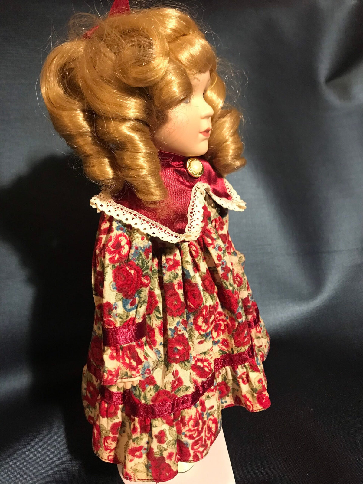 Numbered Vintage Porcelain Doll — Floral Dress with Blonde Curls — 12″