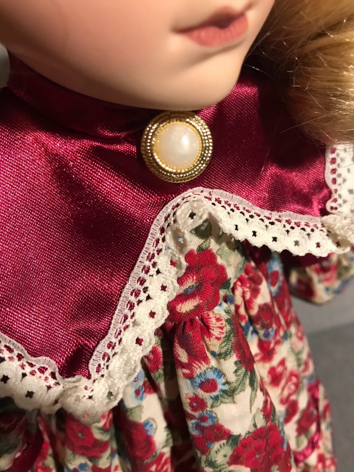 Numbered Vintage Porcelain Doll — Floral Dress with Blonde Curls — 12″