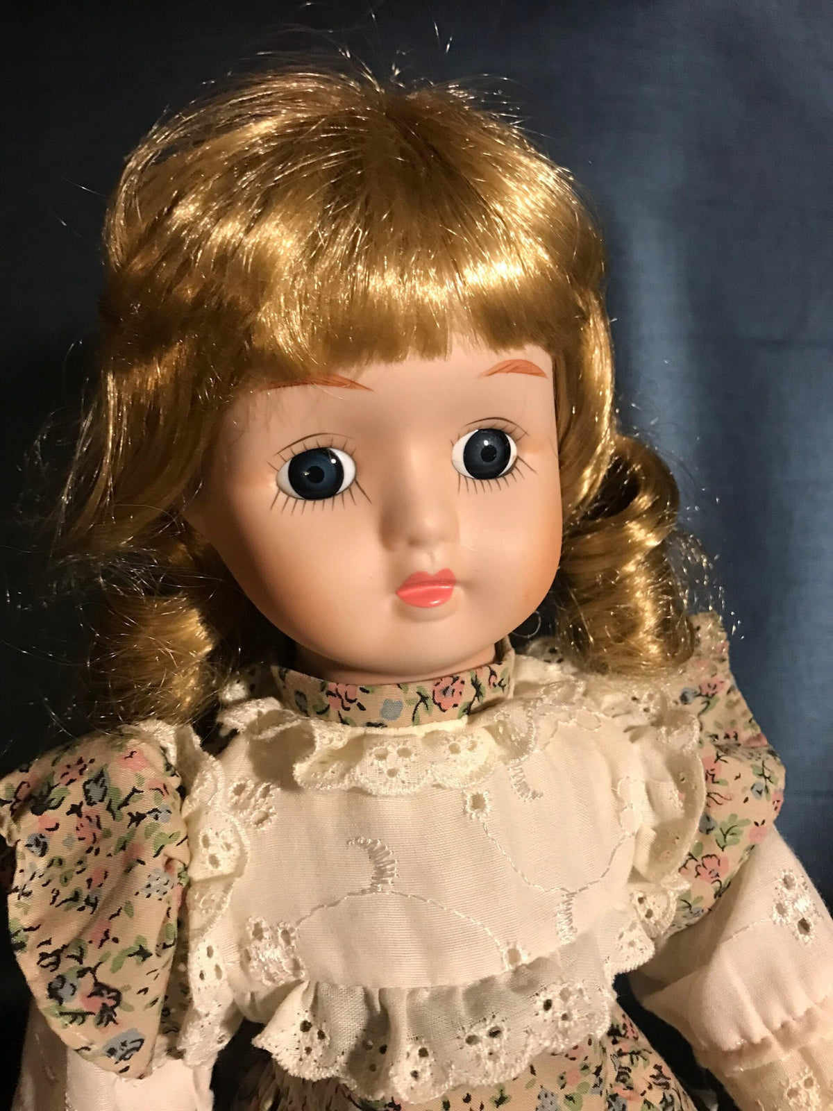 Vintage Porcelain Doll — Rosebud Print Dress & Lace Pinafore — Blonde Curls