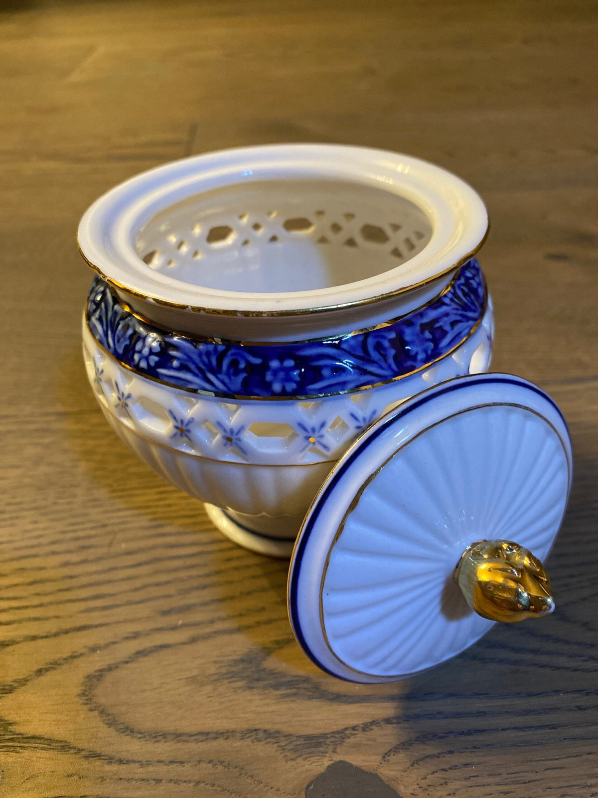 Vintage Porcelain Sugar Bowl with Lid — Cobalt Blue & Gold, Reticulated