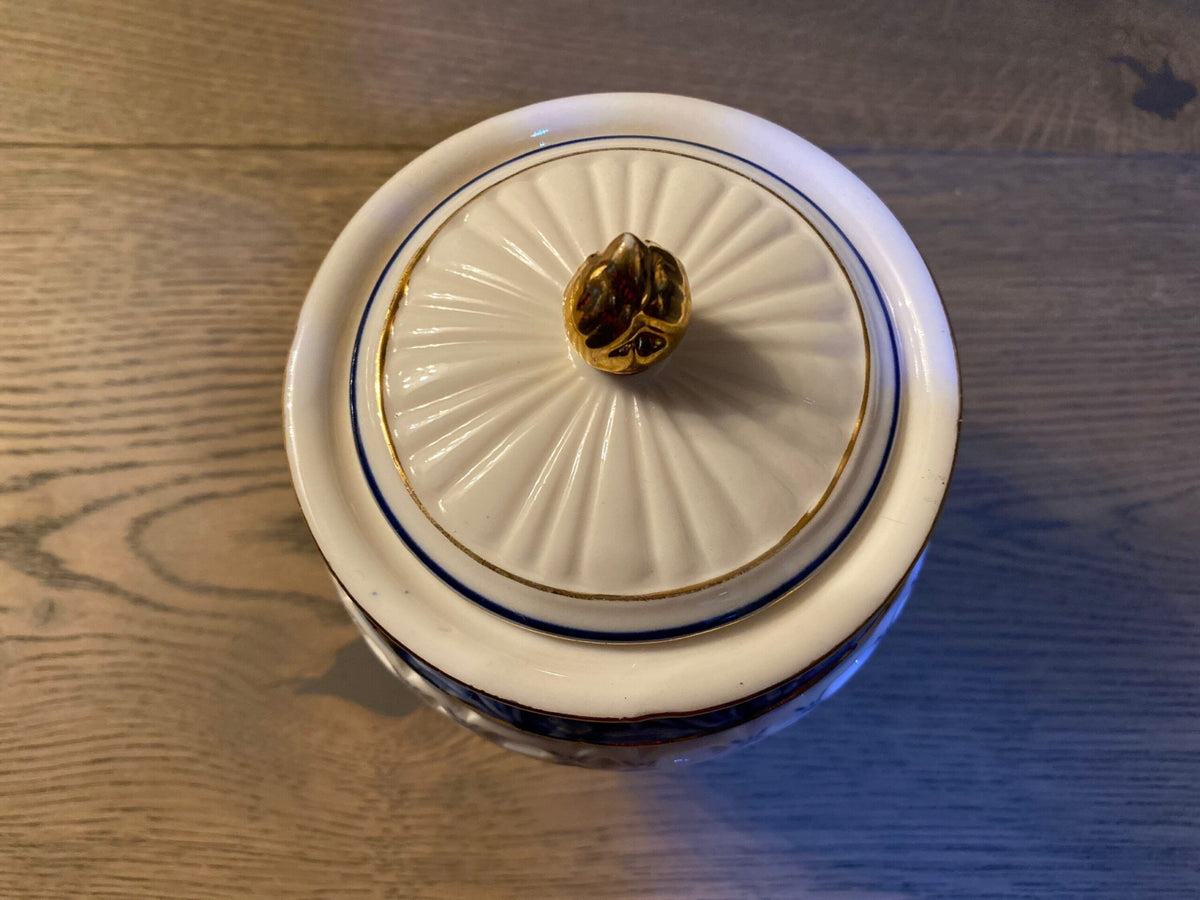 Vintage Porcelain Sugar Bowl with Lid — Cobalt Blue & Gold, Reticulated