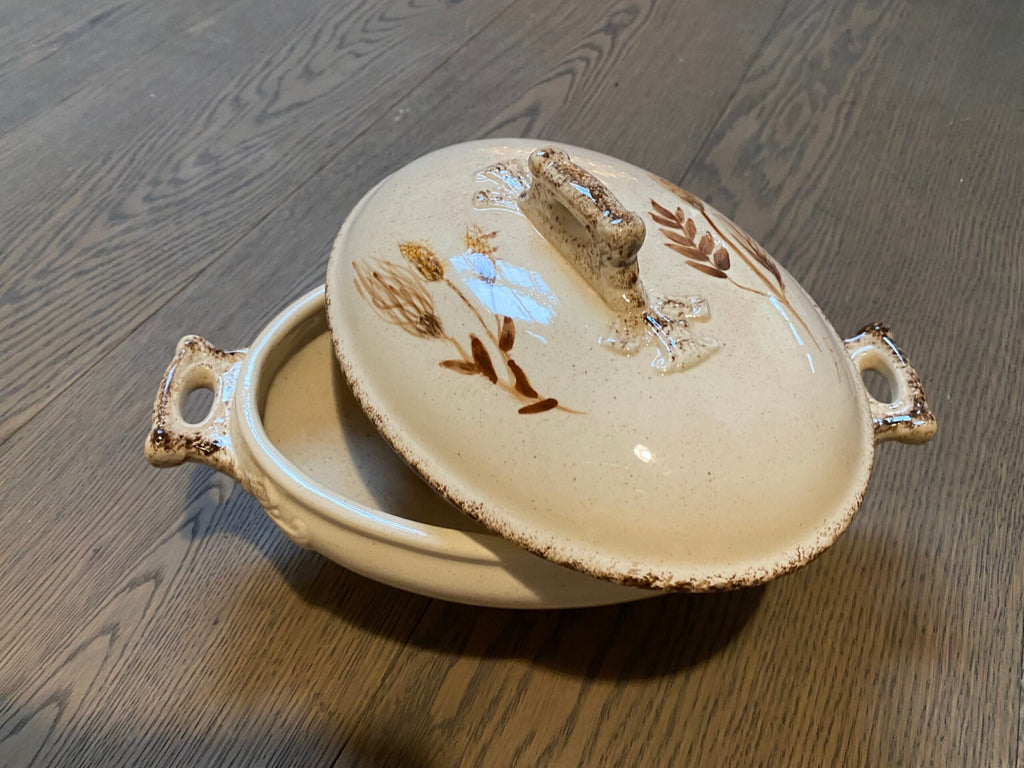 Vintage Stoneware Covered Serving Dish — Hand-Painted Wheat Pattern
