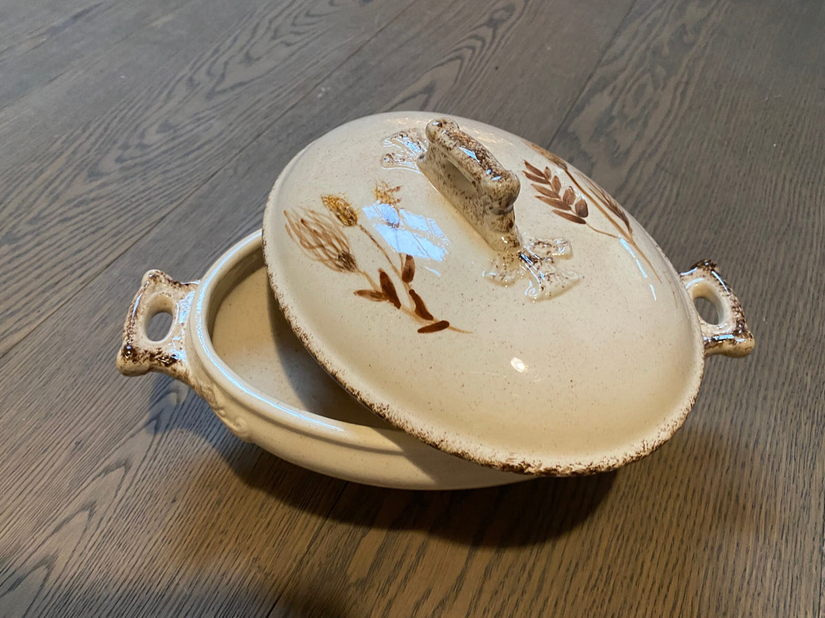 Vintage Stoneware Covered Serving Dish — Hand-Painted Wheat Pattern