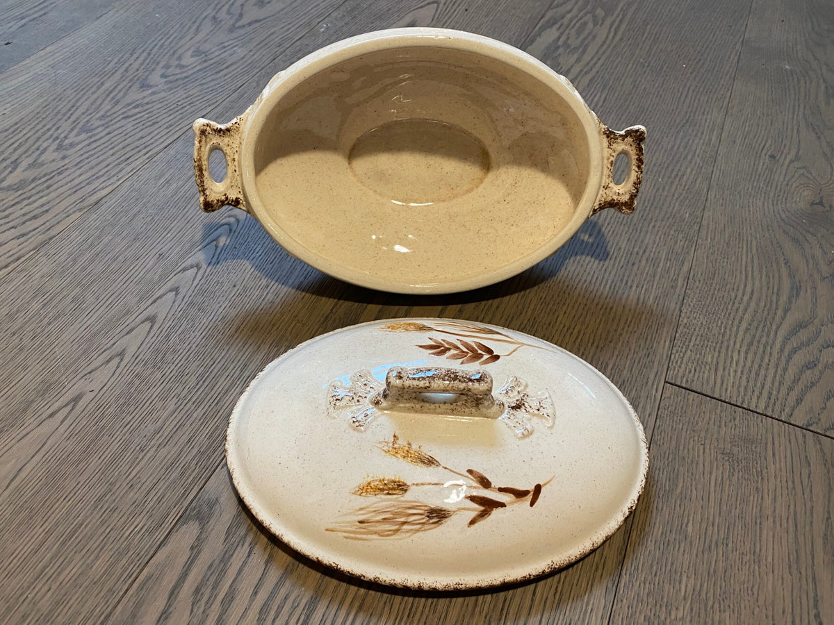 Vintage Stoneware Covered Serving Dish — Hand-Painted Wheat Pattern