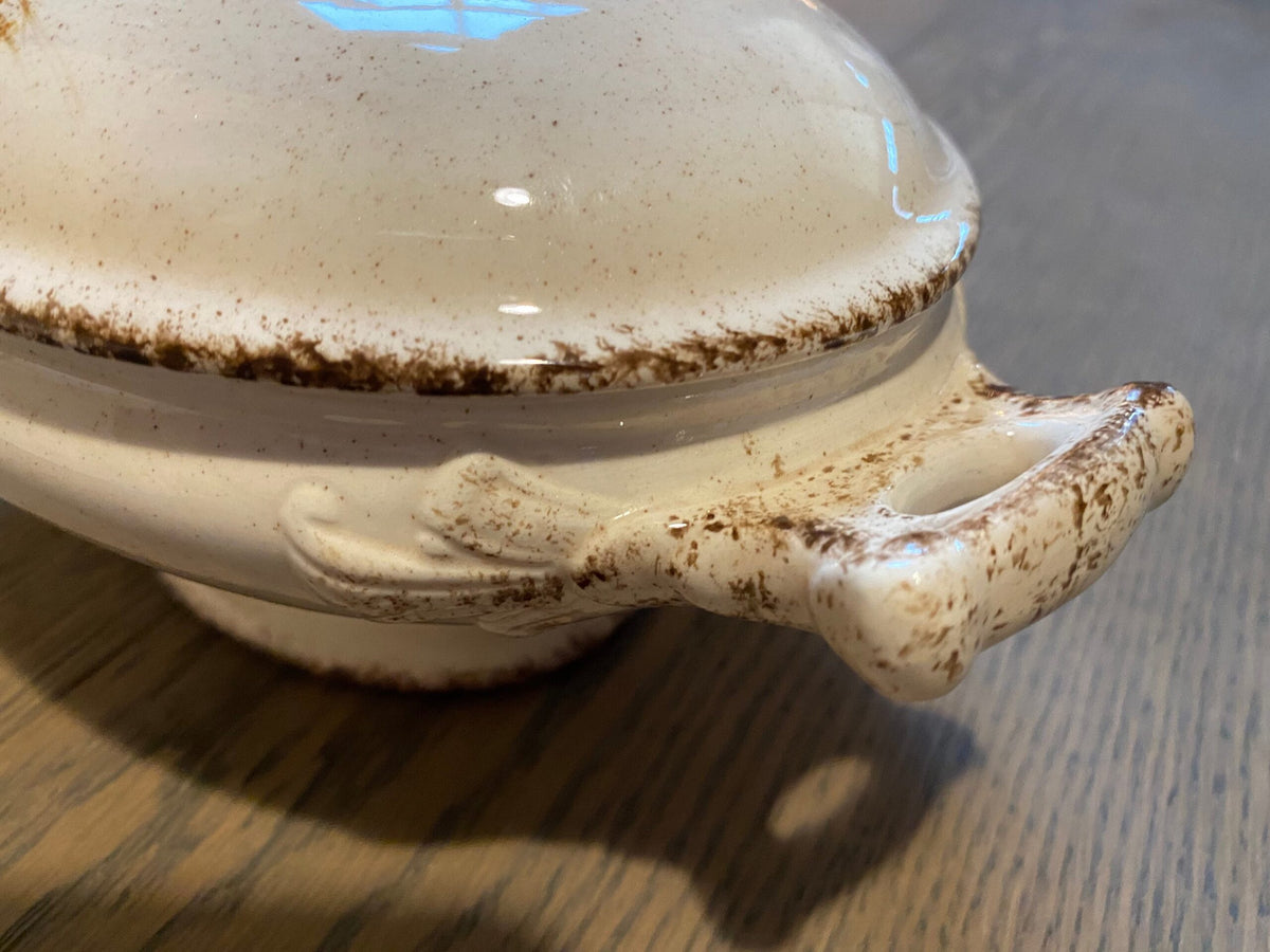 Vintage Stoneware Covered Serving Dish — Hand-Painted Wheat Pattern