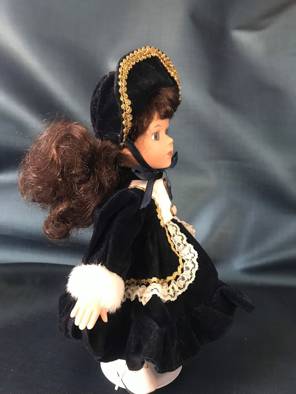 Vintage Porcelain Doll — Navy Velvet Dress & Gold-Trimmed Hat