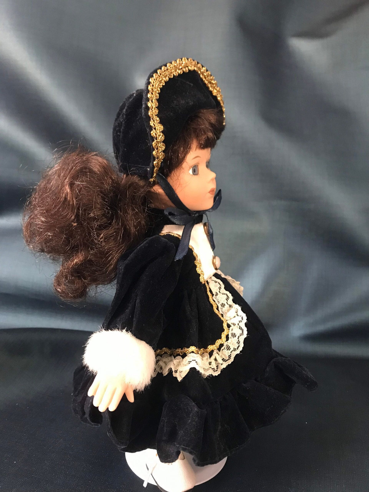 Vintage Porcelain Doll — Navy Velvet Dress & Gold-Trimmed Hat