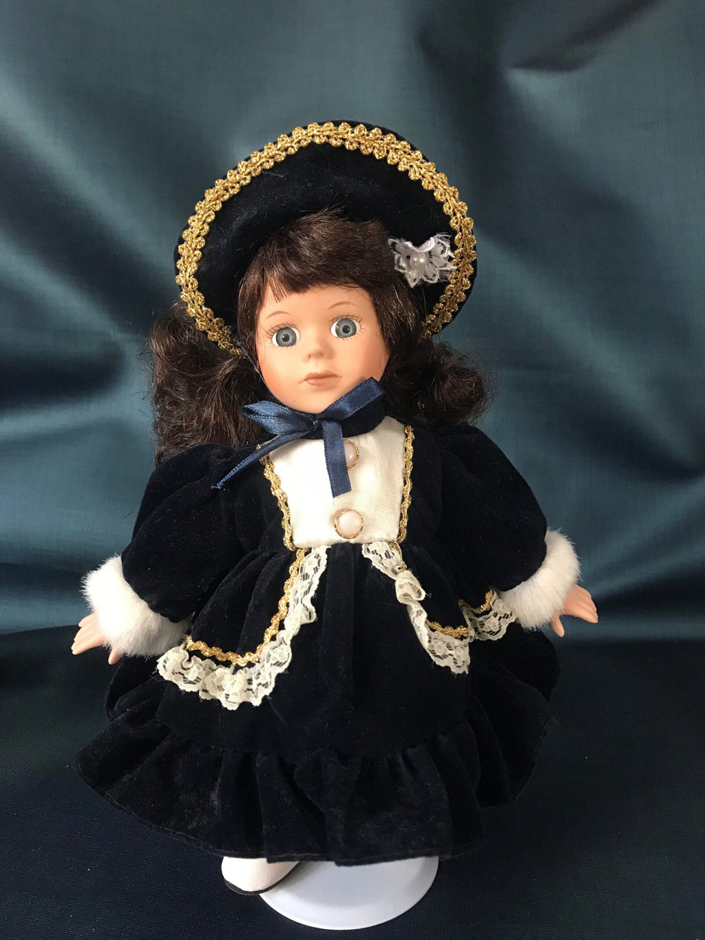 Vintage Porcelain Doll — Navy Velvet Dress & Gold-Trimmed Hat
